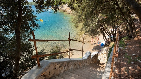 Stone steps leading down to a secluded beach with clear blue water surrounded by trees