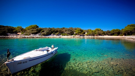 A small boat on clear turquoise water near a rocky shoreline with trees in the background