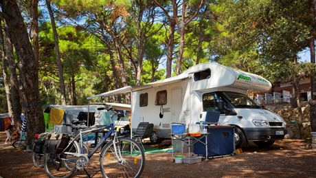 A campervan parked at a forest campsite with a bicycle and camping gear nearby