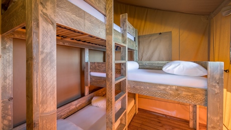 Bunk beds inside a cozy wooden cabin room