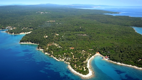 Aerial view of the lush, green island of Cres surrounded by clear blue waters