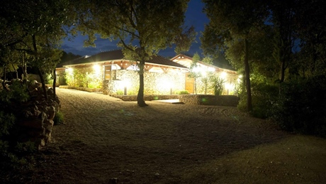 Mooi verlicht stenen huis omgeven door bomen 's nachts
