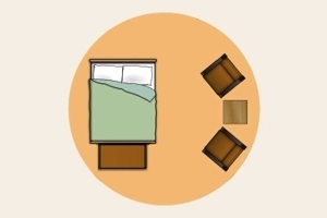 Bovenaanzicht van een slaapkamer met een bed en twee stoelen