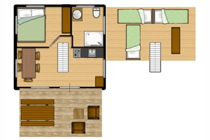 Plattegrond van een tweeslaapkamerhuisje met keuken en eetgedeelte