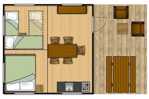 Plattegrond van een kleine hut met twee slaapkamers, een eetgedeelte en een keuken