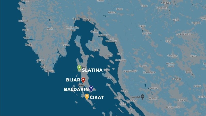 Map highlighting locations Slatina, Bijar, Baldarin, and Čikat in Croatia