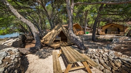 Zelt und Picknicktisch umgeben von Bäumen auf dem Campingplatz Baldarin