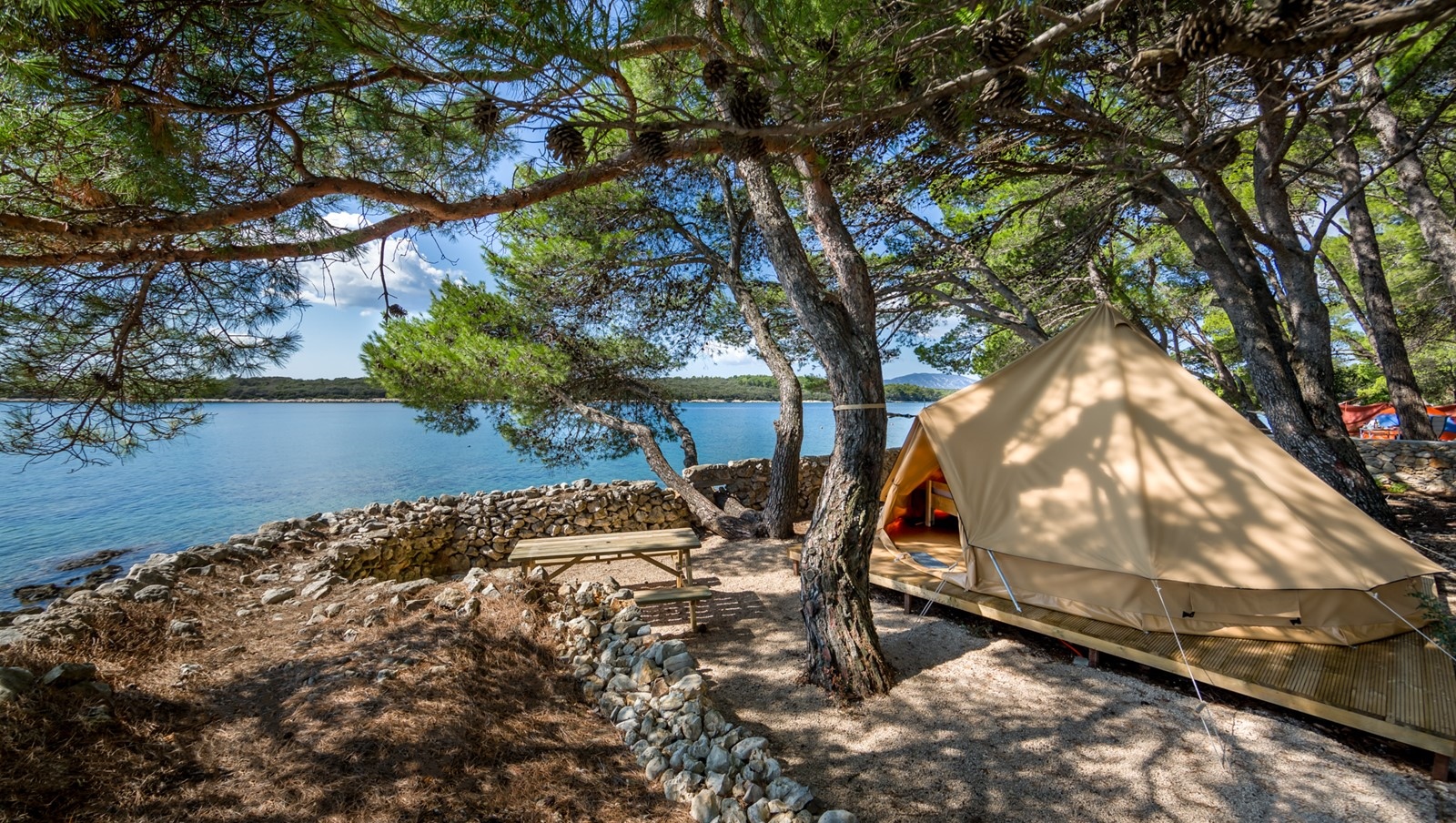 Tent en picknicktafel omringd door bomen op camping Baldarin